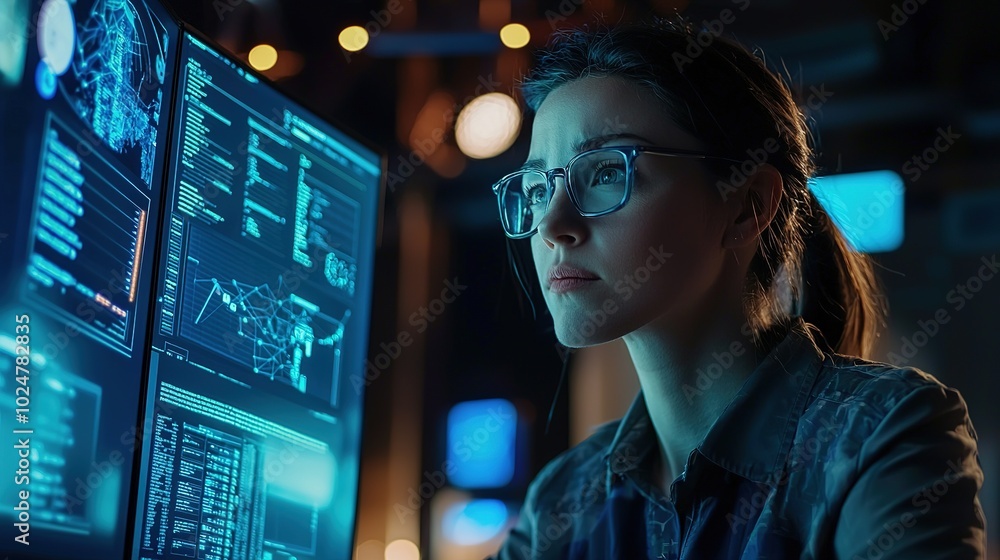 Poster a focused woman with glasses analyzes data on multiple screens in a tech-savvy environment, emphasiz