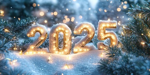 Golden numbers "2025" with sparkling lights and holiday decorations on a snowy winter landscape.
