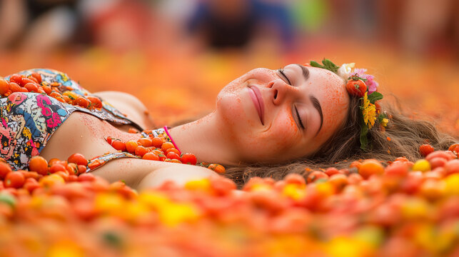 A woman lies in a field of tomatoes, covered in red pulp, with a flower crown in her hair.