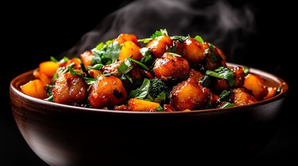 Spicy vegetable manchurian with crispy vegetable balls in a glossy, reddishbrown sauce