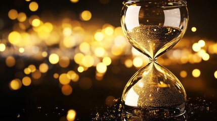 A crystal-clear hourglass filled with shimmering golden particles, the sand glittering as it flows through the narrow center, reflecting warm light