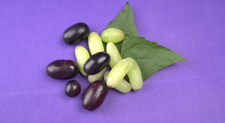 Natural organic different types of fresh ripe juicy grapes and space for text on table. top view, Agriculture concepts.