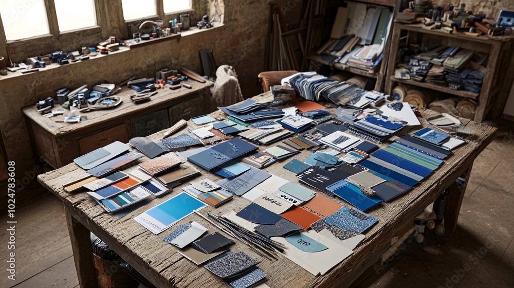 Aufkleber a large wooden table covered in fabric swatches and samples in various colors and patterns.