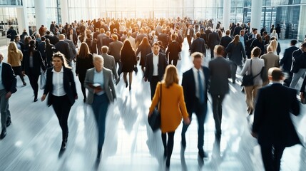 Large crowd of business professionals walking in modern office atrium with bright sunlight, diverse group in motion, formal attire