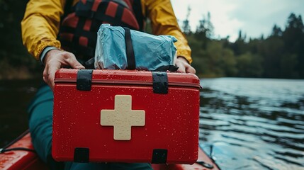 A person in a kayak holds a red first aid kit while surrounded by scenic water and forest on a cloudy day.