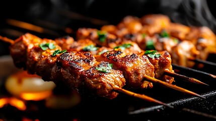 Tender lamb seekh kebabs with a charred exterior, served on a bed of sliced onions and lemon