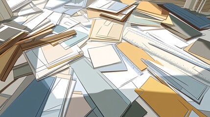 Obraz premium A messy pile of papers and documents on a table, lit by the sun.