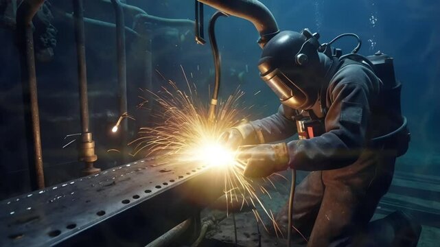 Divers are welding iron pipes on the seabed. Seamless 4K looping timelapse video animation background