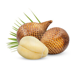 Salacca or zalacca fruit with leaves isolated on white background