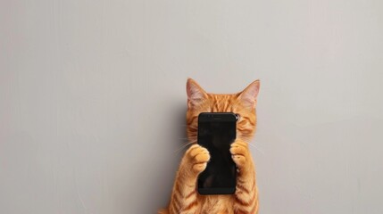 Ginger cat holding a smartphone in front of face against a gray background.