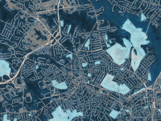 Painterly Style City Map of Peabody  Massachusetts, USA in a Blue Color Scheme.