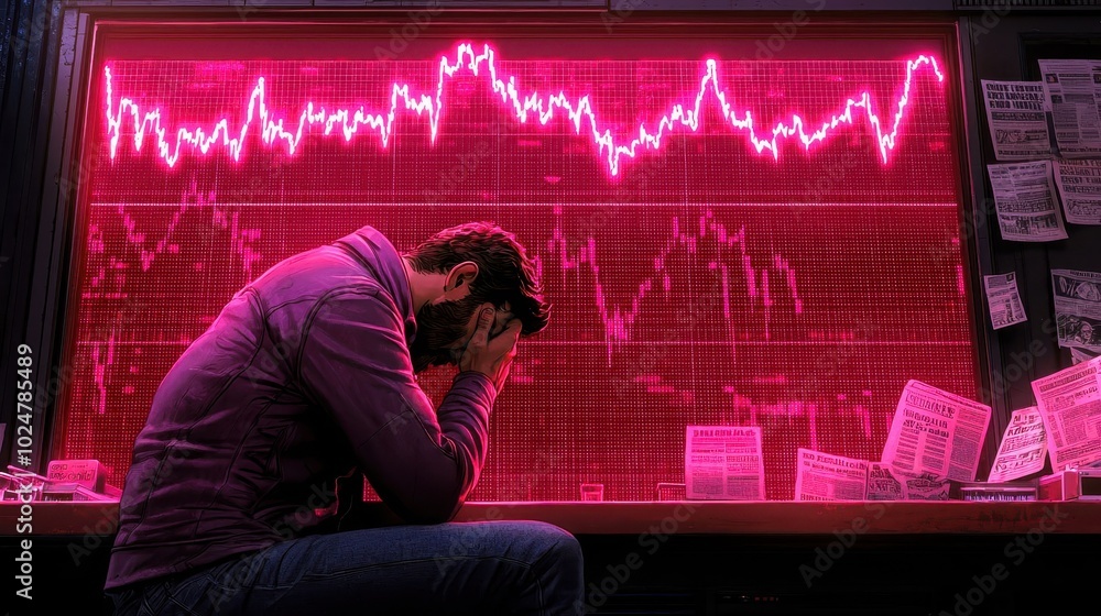 Poster a distressed trader watching declining stock charts, surrounded by financial reports in a dimly lit 