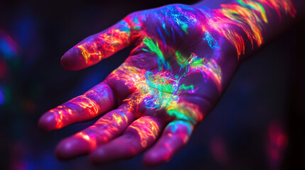 close up of persons hand illuminated with vibrant neon light patterns, creating mesmerizing display of colors and textures. interplay of light evokes sense of wonder and creativity