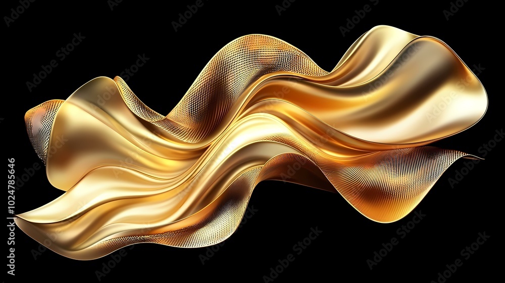 Poster the image contains a golden, flowing, abstract shape. its surface is textured with delicate lines an