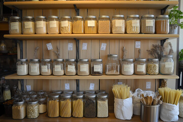 Fototapeta premium Beautifully Organized Zero Waste Kitchen with Glass Jars of Grains, Pasta, and Spices on Wooden Shelves. Eco-Friendly Items and Cloth Bags Create a Clean, Minimalistic, and Earth-Conscious Atmosphere.