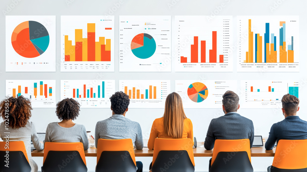 Wall mural business people in meeting with charts and statistics.