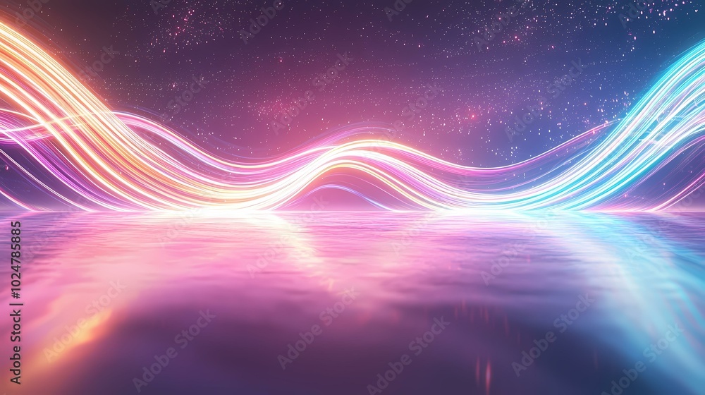 Poster a colorful abstract background with glowing lights and a mirrored surface.