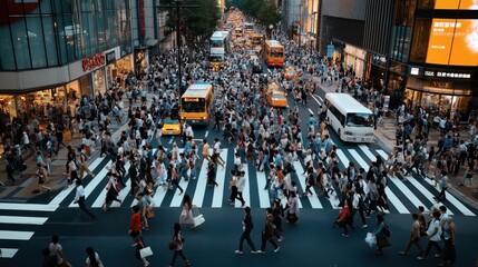 Obraz premium Crowded urban crosswalk with multiple pedestrians crossing streets surrounded by buses, taxis, and high-rise buildings during daytime in a bustling city.