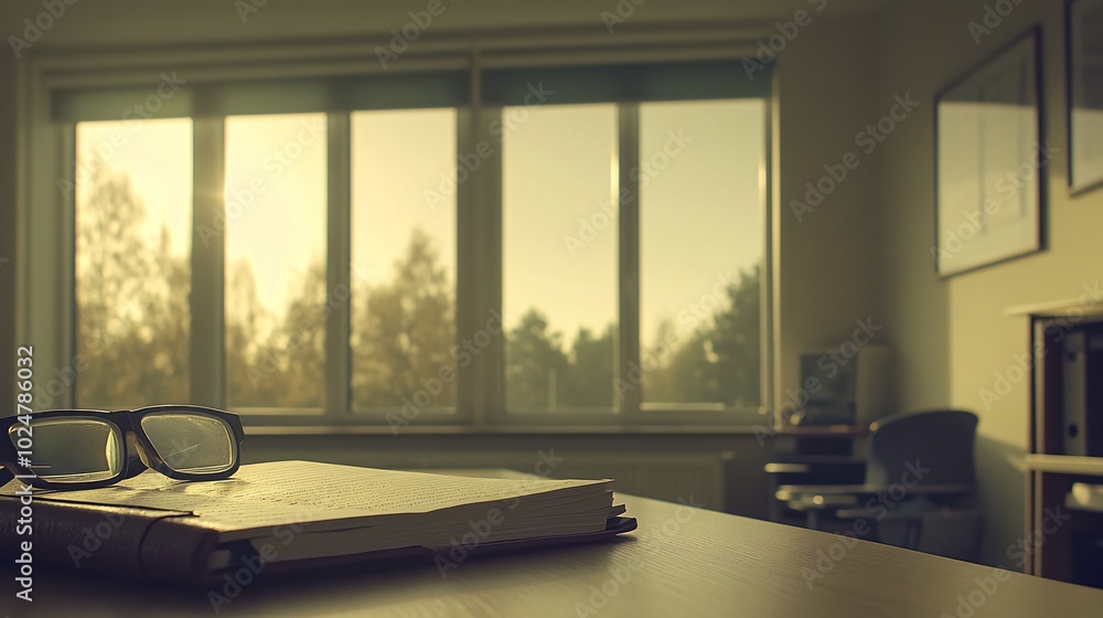 Poster a notebook and glasses rest on a desk in front of a large window with the sun shining through, creat