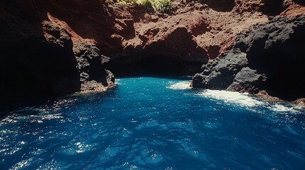 Obraz premium A narrow opening in the cliffs leads to a hidden cove of crystal-clear blue water, bathed in sunlight.