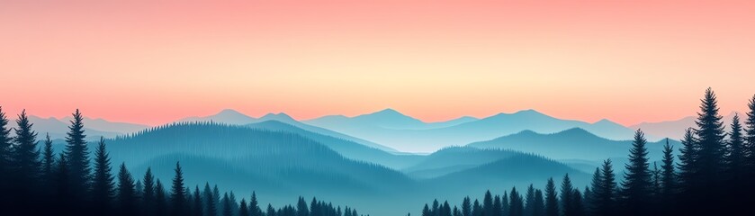 Obraz premium Stunning sunrise over misty mountain range with pine forest silhouette and colorful sky, creating a serene and peaceful landscape view.