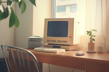 Fototapeta premium Minimalist Home Office Featuring a Beige Blocky Computer on a Simple Wooden Desk. Clean and Organized with Floppy Disks and Wired Mouse Beside the Keyboard. Soft Natural Lighting and a Small Houseplan