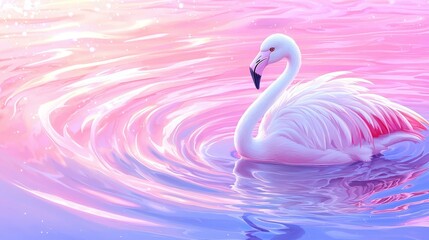 Naklejka premium A graceful flamingo gliding through serene pink waters, creating gentle ripples around it.