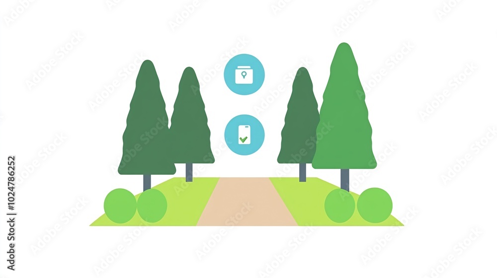 Poster a pathway through a green forest with two blue circles above it, one with a check mark and one with 