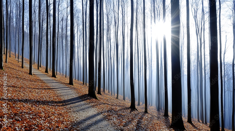 Poster a path winding through a misty forest with sunlight breaking through the trees.