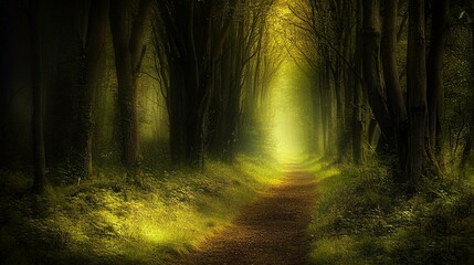 Obraz premium A path through a mystical forest, with sunlight illuminating the way ahead.