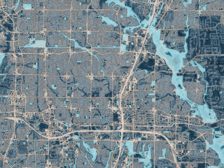 Painterly Style City Map of Plano Texas, USA in a Blue Color Scheme.