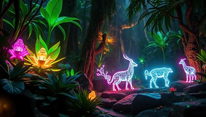 Fototapeta premium Tech jungle with bioluminescent plants and holographic animals, blending nature and technology in a futuristic environment filled with digital life. AI-generated