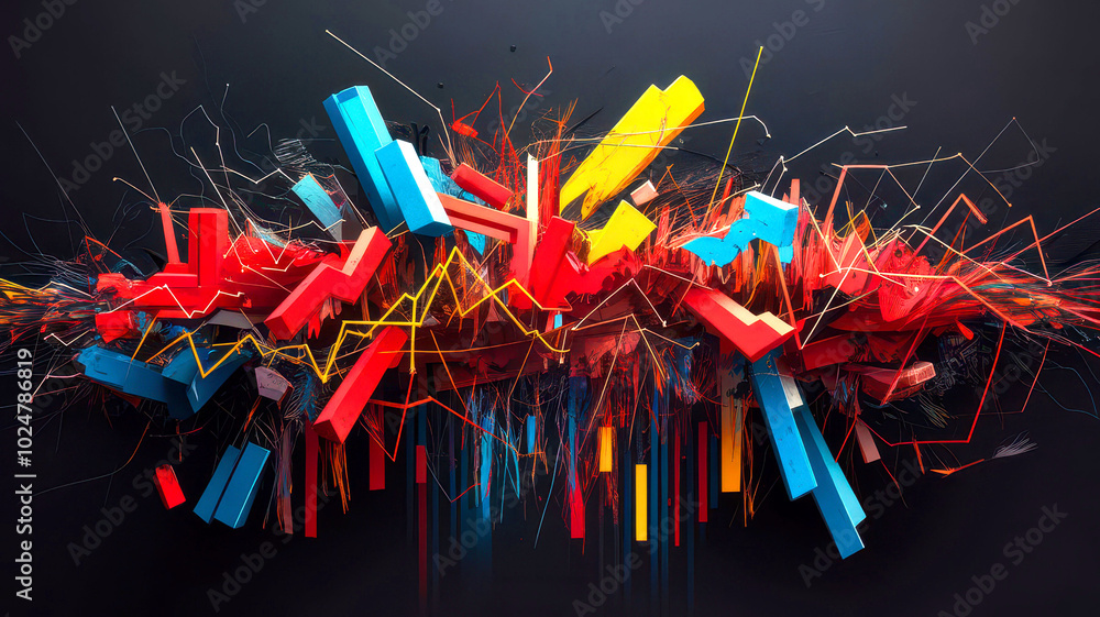Poster abstract colorful design with vibrant shapes and lines on a black background.