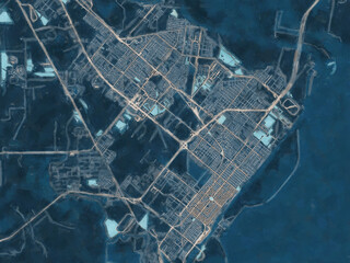 Painterly Style City Map of Port Arthur Texas, USA in a Blue Color Scheme.