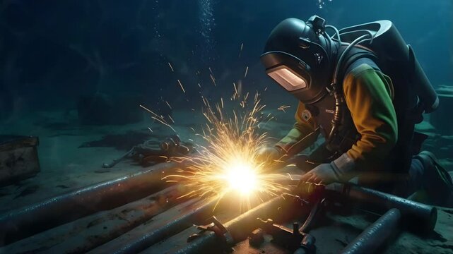 Divers are welding iron pipes on the seabed. Seamless 4K looping timelapse video animation background
