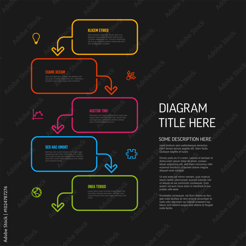 Poster five steps content rectangle blocks infographic template with colorful borders icons and diagram des