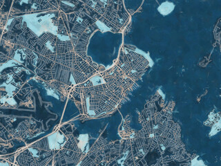 Painterly Style City Map of Portland Maine, USA in a Blue Color Scheme.