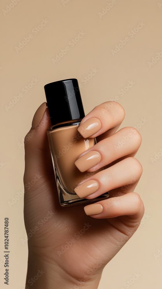 Wall mural A woman hand with manicure hold a beige cream nail polish bottle against beige background. Pretty elegant acrylic gel polish coffin nail manicure wear armor pose for spa salon web advertising branding