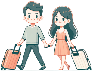 DALL·E 2024-05-04 20.18.48 - Illustration of a couple traveling together, each pulling a travel suitcase. The couple is depicted in a simple, cartoon style. They are shown in full copy