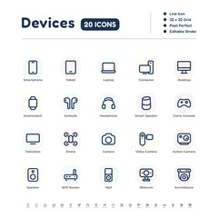 Electronic Devices Line Icon Set – Pixel Perfect Editable Stroke Vector Design