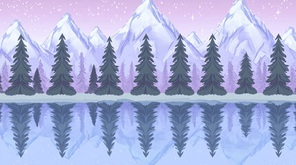 A serene winter landscape with snow-capped mountains reflecting in a still lake under a starry sky.