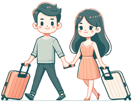 DALL·E 2024-05-04 20.18.48 - Illustration of a couple traveling together, each pulling a travel suitcase. The couple is depicted in a simple, cartoon style. They are shown in full copy