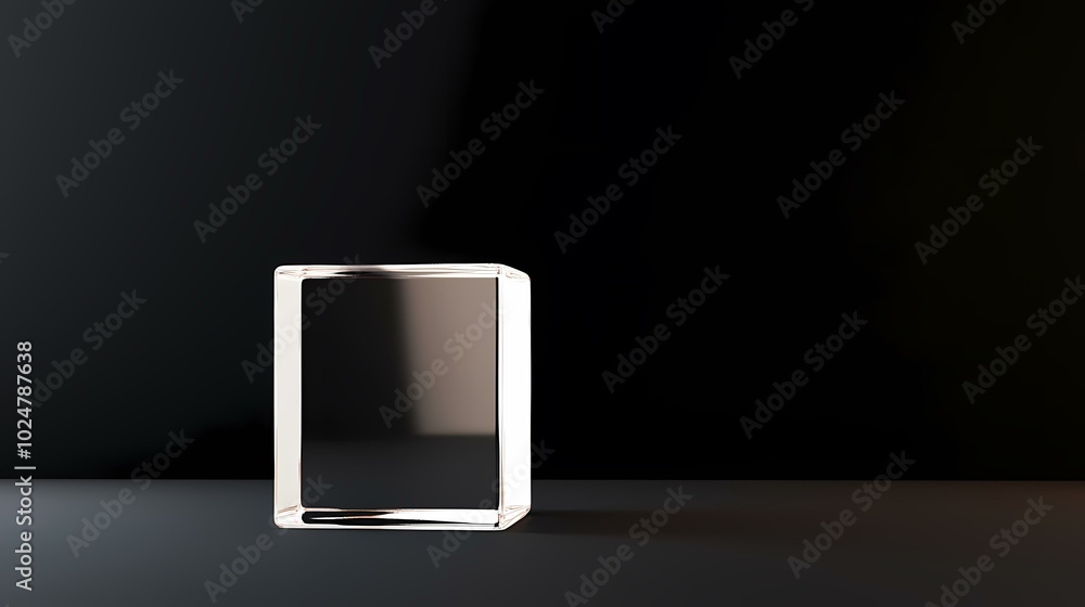 Poster the image contains a clear glass rectangular prism set on a black surface, with the bottom half of t