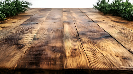 Rustic wooden table with greenery accents for a natural ambiance.