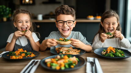 Three cheerful children enjoying a meal at a table with plates of vegetables and bread in a cozy kitchen setting.
