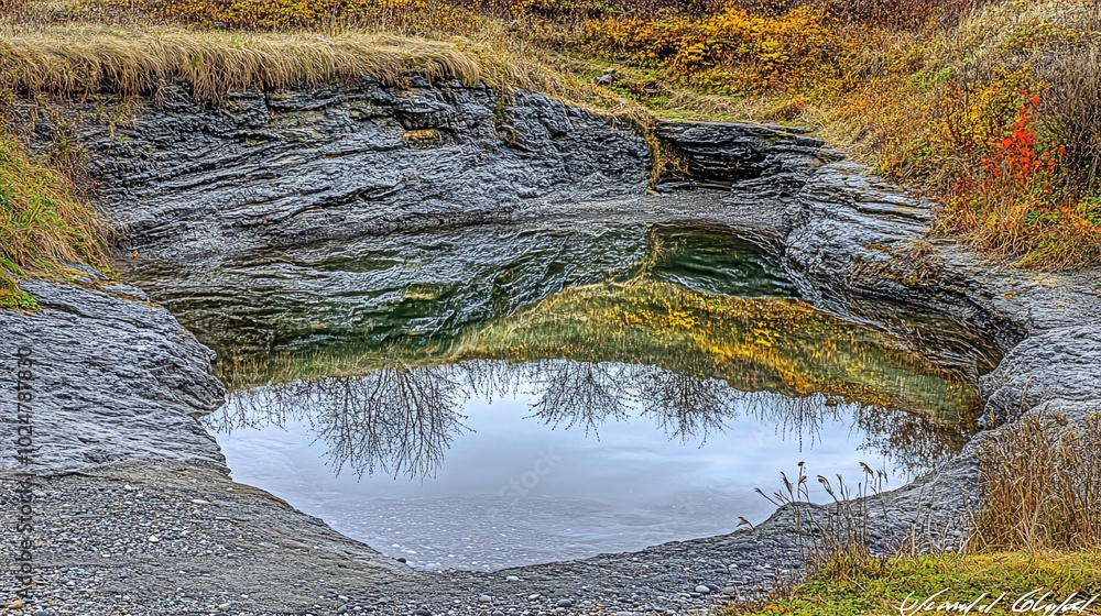 Poster a small pool of water surrounded by rocks with a reflection of the sky and trees.