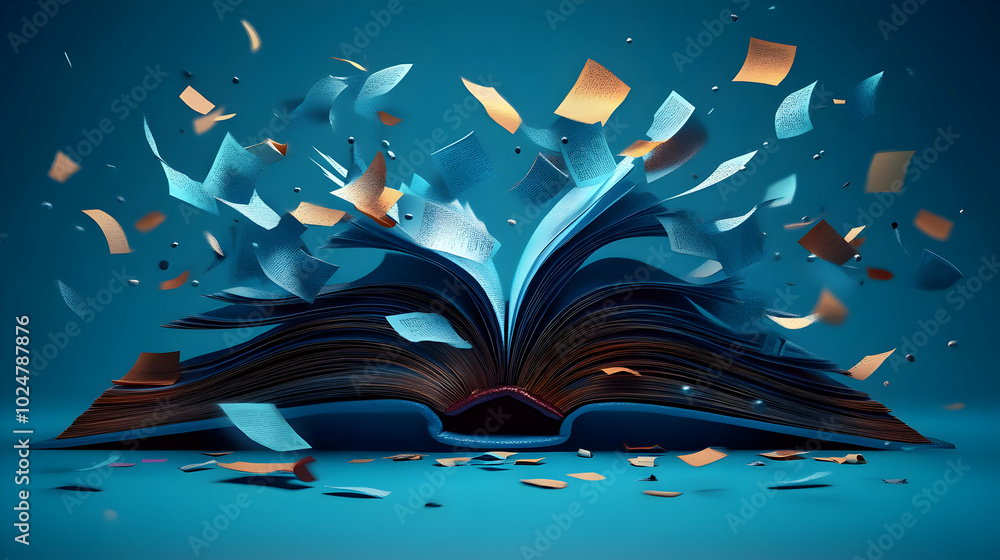 Poster an open book with pages exploding into colorful fragments.