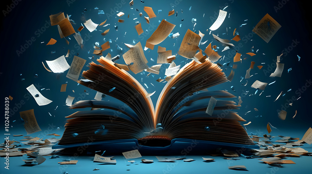 Poster an open book with flying pages, symbolizing knowledge and imagination.