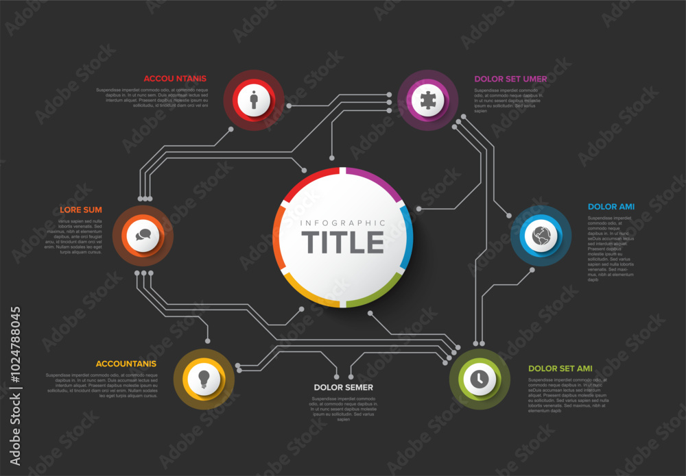 Poster simple colorful circular infographic circuit design template with six element and big circle with ti