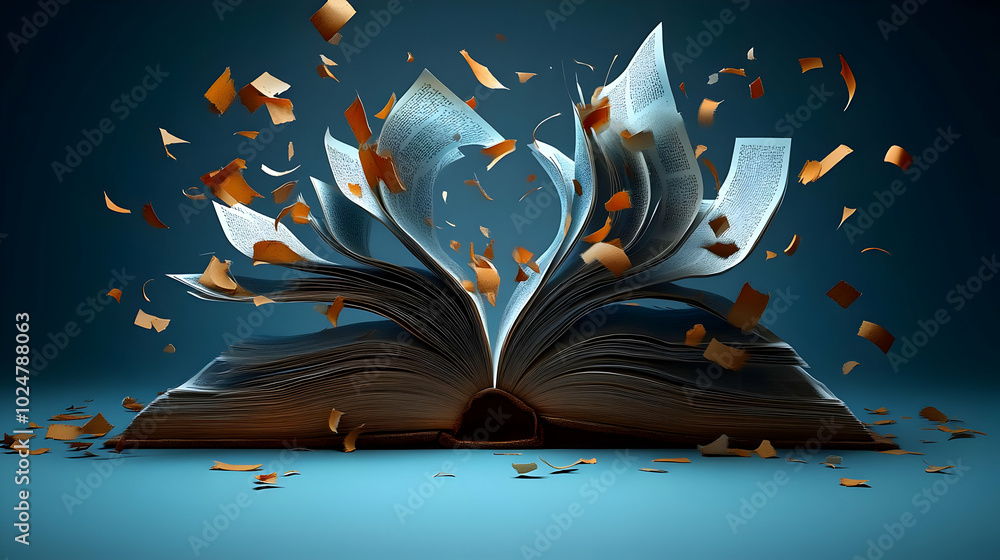Poster an open book with pages flying, symbolizing knowledge and creativity.